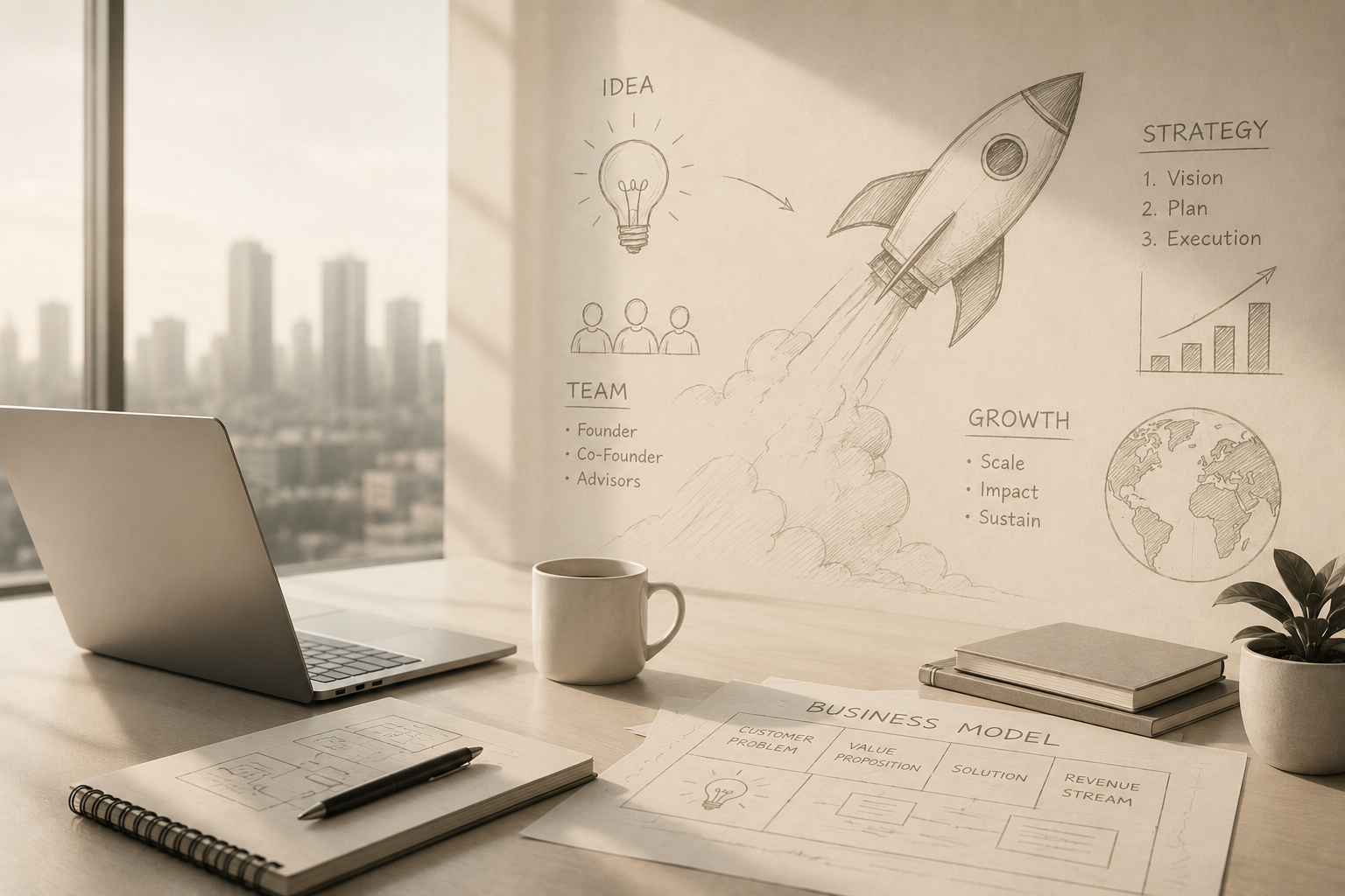 Founder desk with a hand-drawn idea-to-growth strategy sketch