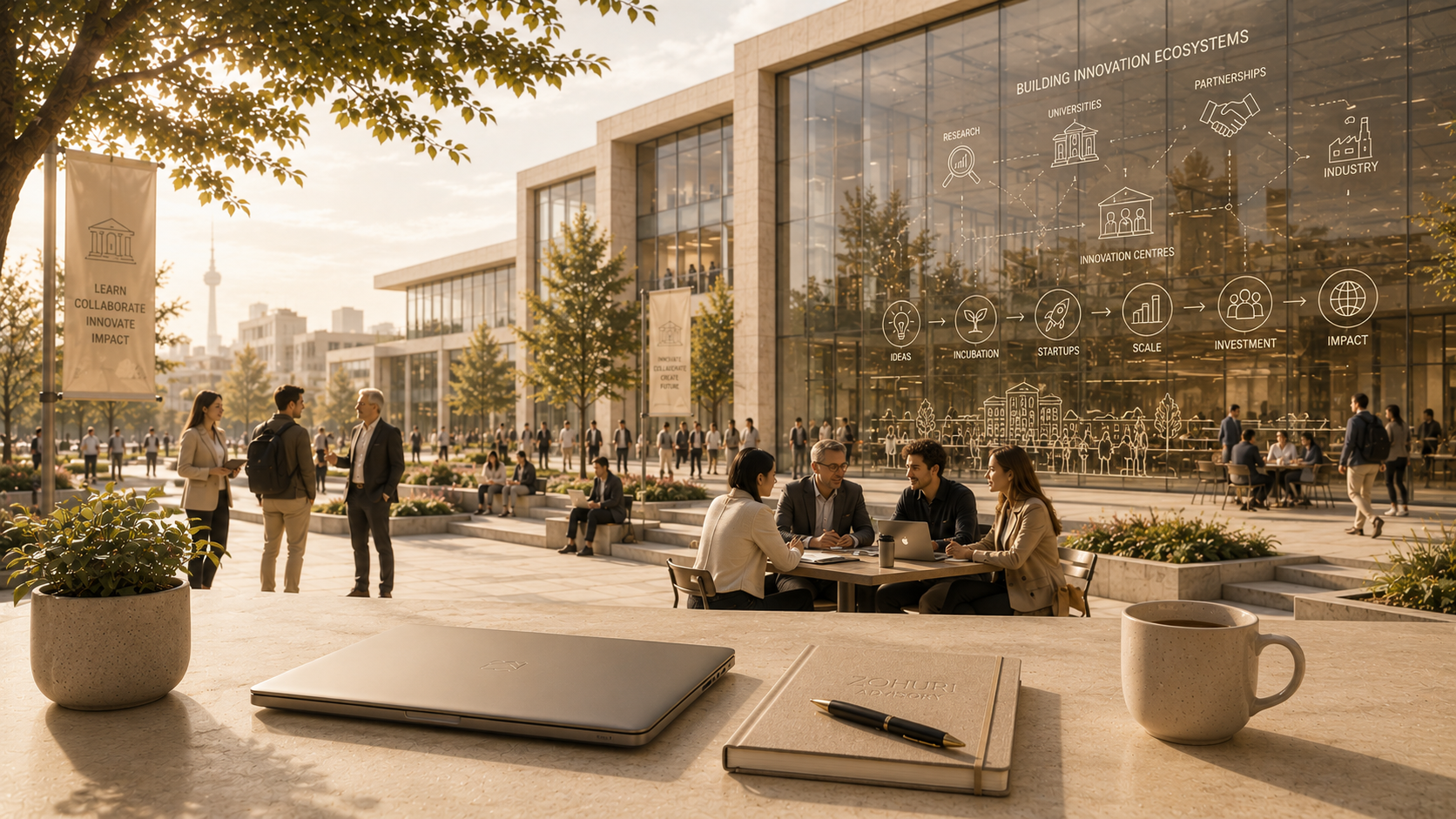 University innovation campus plaza with people collaborating outdoors