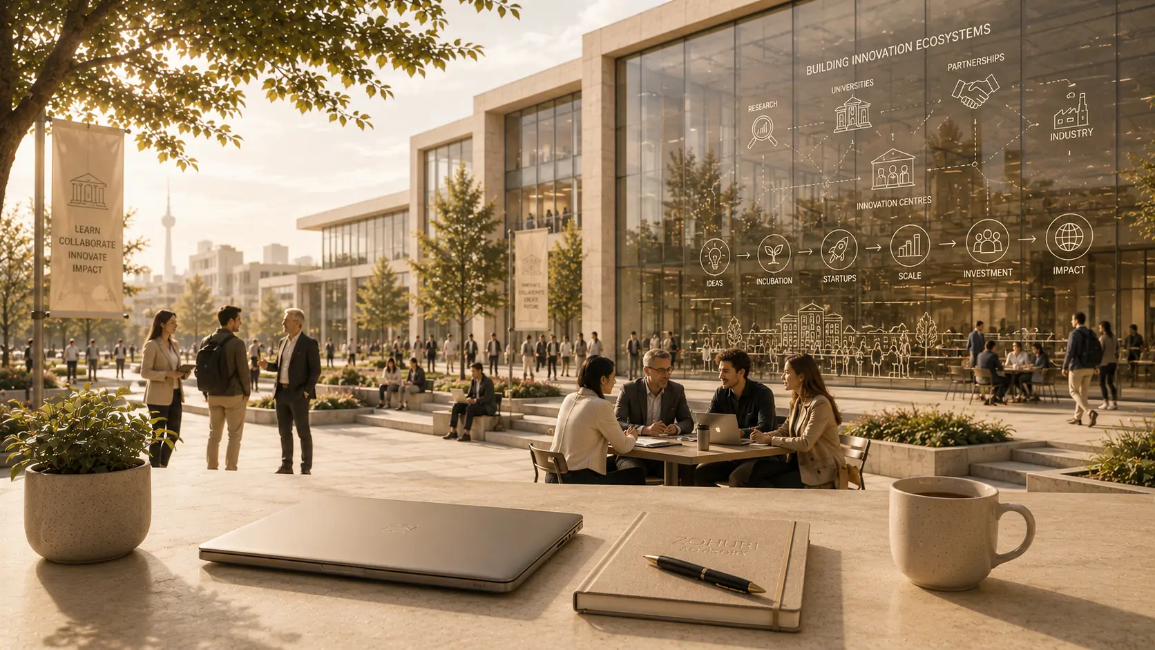 University innovation campus plaza with people collaborating outdoors