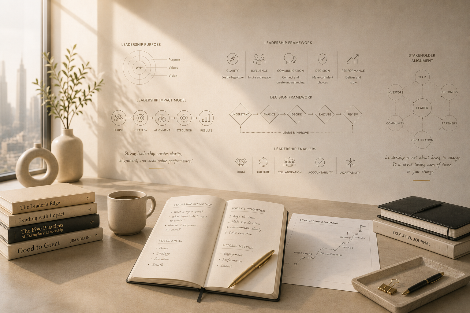 Desk with leadership framework notes and a reflection journal