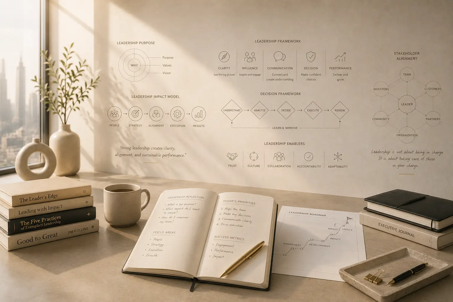 Desk with leadership framework notes and a reflection journal
